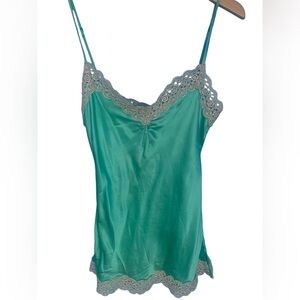 Charlotte Vintage Y2K Green 100% Silk Cami Top Crochet Trim Size S